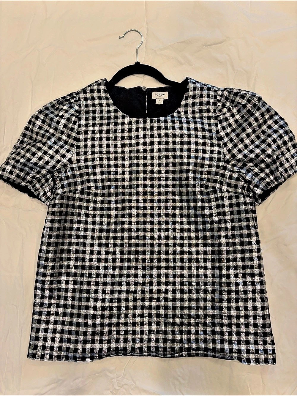 J.Crew Metallic Gingham Puff-Sleeve Top Black & White Medium